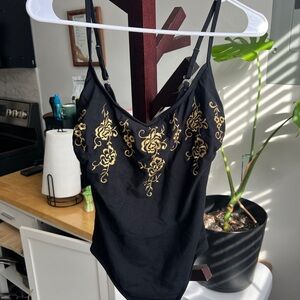 Black and Gold Embroidered Women's One Piece Swimsuit